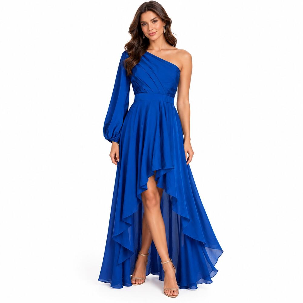 Mac Duggal Blue Size 6 Satin One Shoulder Maxi Gown High Low Cocktail Dress Gala